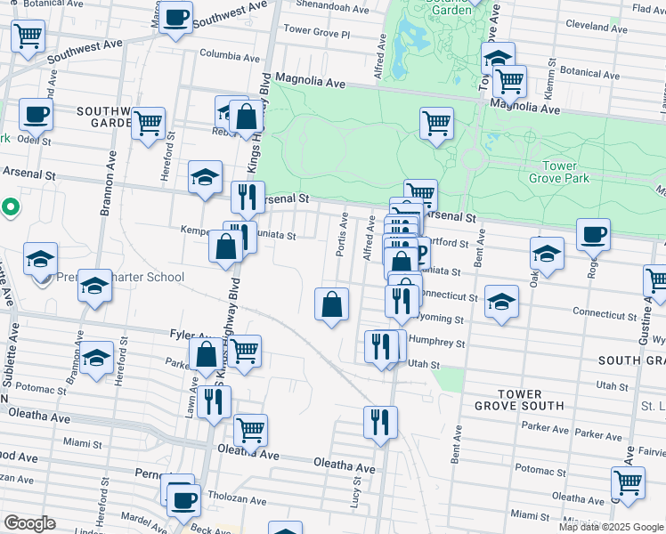 map of restaurants, bars, coffee shops, grocery stores, and more near 3185 Portis Avenue in St. Louis