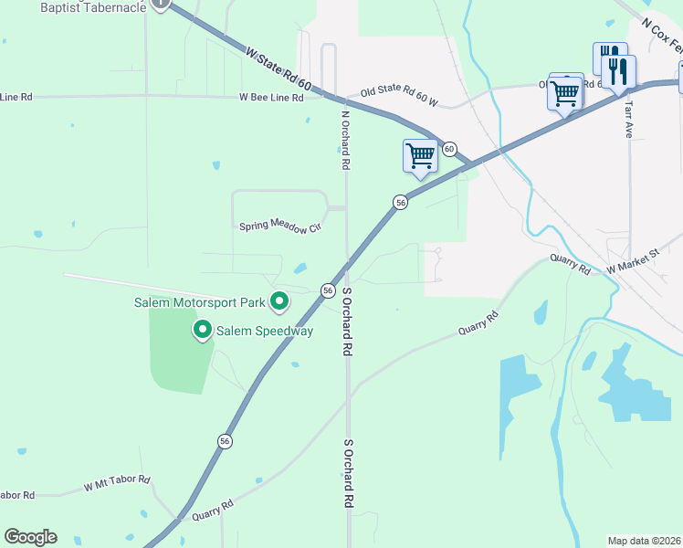 map of restaurants, bars, coffee shops, grocery stores, and more near 1903 Indiana 56 in Salem
