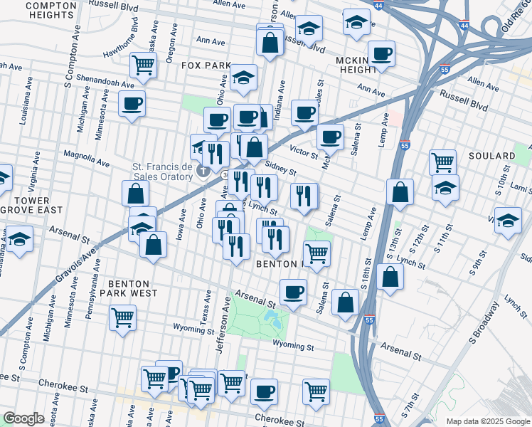 map of restaurants, bars, coffee shops, grocery stores, and more near 2804 Indiana Avenue in St. Louis