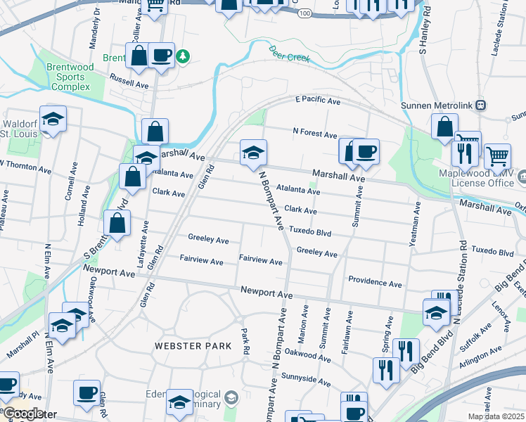 map of restaurants, bars, coffee shops, grocery stores, and more near 616 Clark Avenue in Webster Groves