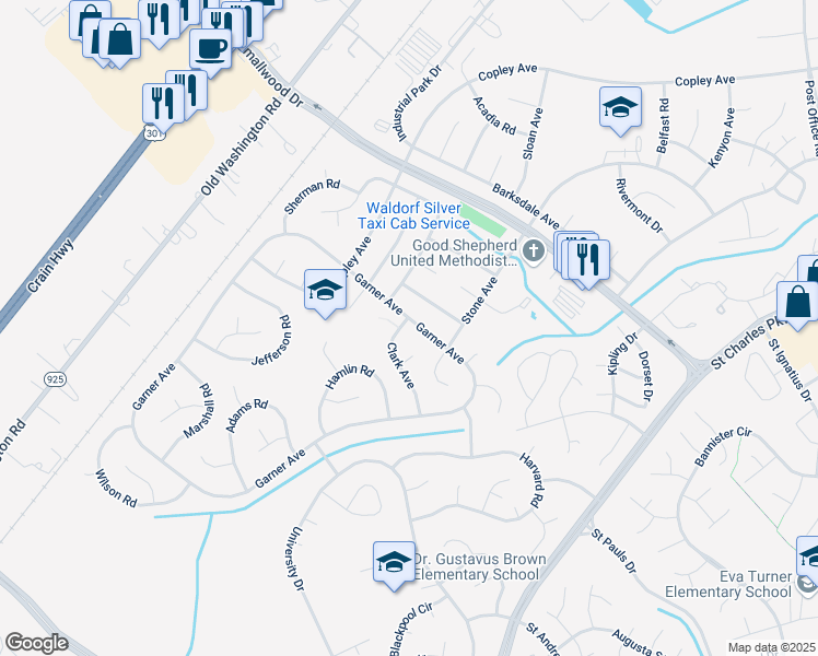 map of restaurants, bars, coffee shops, grocery stores, and more near 221 Garner Avenue in Waldorf