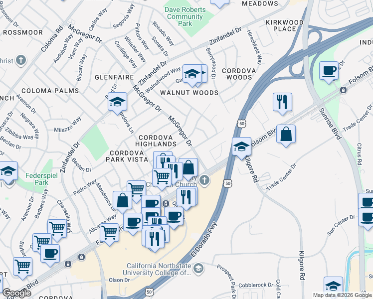 map of restaurants, bars, coffee shops, grocery stores, and more near 10857 Scotsman Way in Rancho Cordova