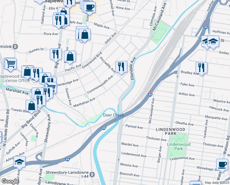 map of restaurants, bars, coffee shops, grocery stores, and more near 7173 Wellington Court in St. Louis
