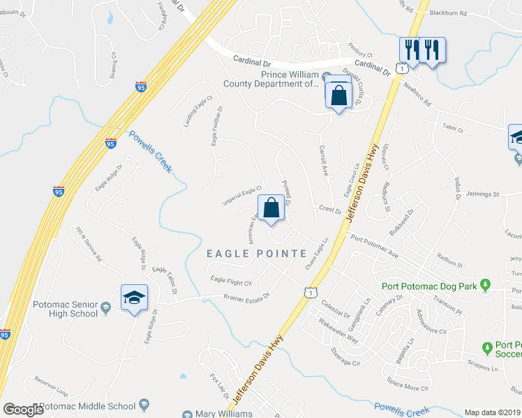 map of restaurants, bars, coffee shops, grocery stores, and more near 2972 American Eagle Boulevard in Woodbridge