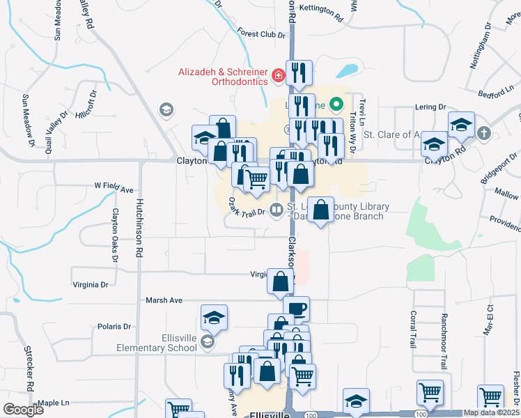 map of restaurants, bars, coffee shops, grocery stores, and more near 1396 Ozark Trail Drive in Ballwin