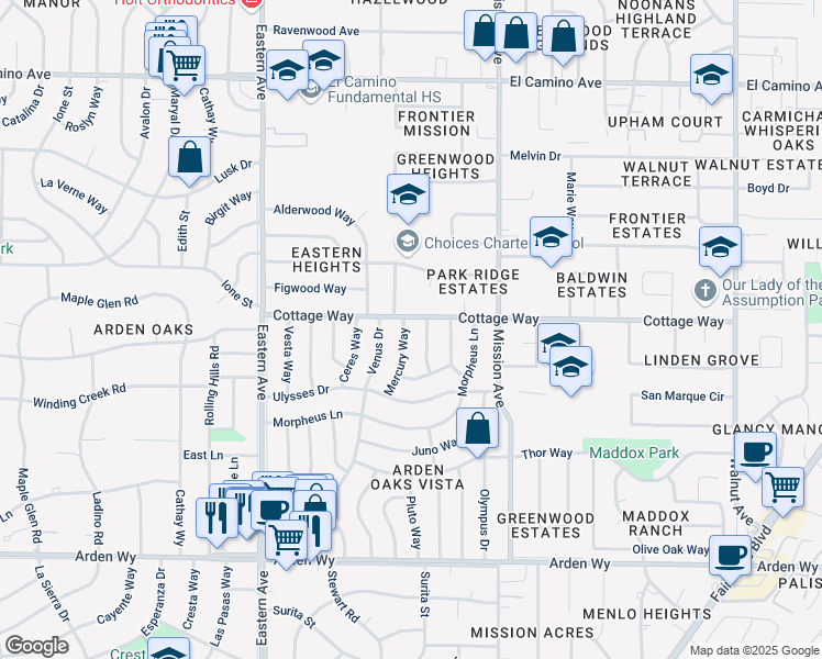 map of restaurants, bars, coffee shops, grocery stores, and more near 2044 Mercury Way in Sacramento
