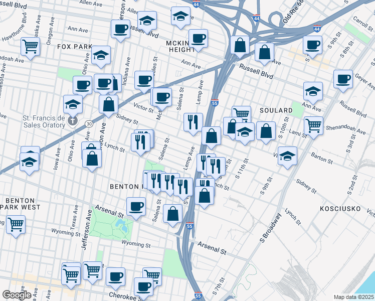 map of restaurants, bars, coffee shops, grocery stores, and more near 1905 Senate St in St Louis