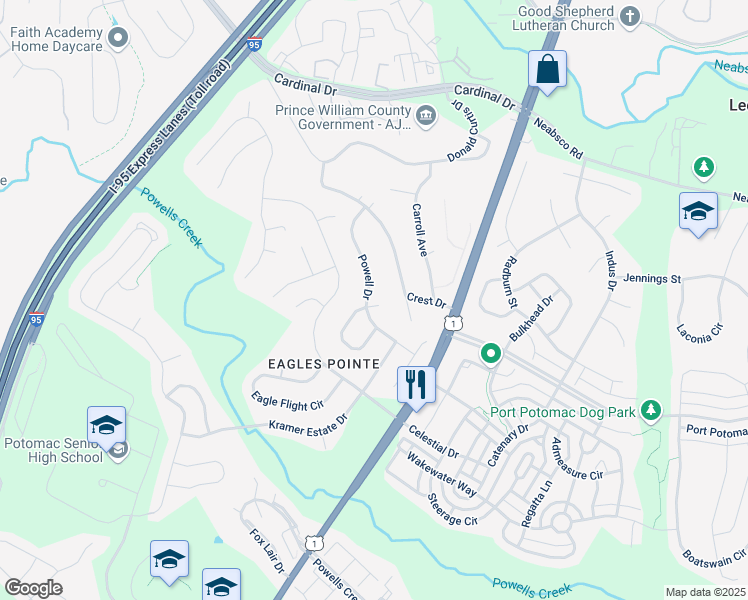 map of restaurants, bars, coffee shops, grocery stores, and more near 16104 Raptor Court in Woodbridge