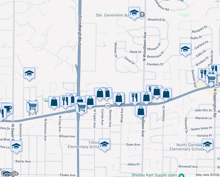 map of restaurants, bars, coffee shops, grocery stores, and more near 1234 Lynchester Lane in Kirkwood