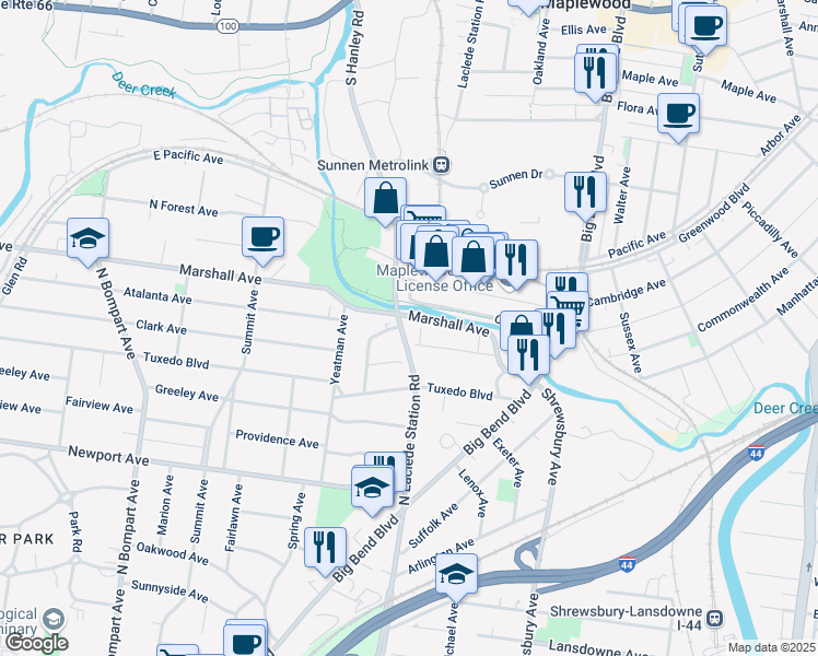 map of restaurants, bars, coffee shops, grocery stores, and more near 752 North Laclede Station Road in Webster Groves