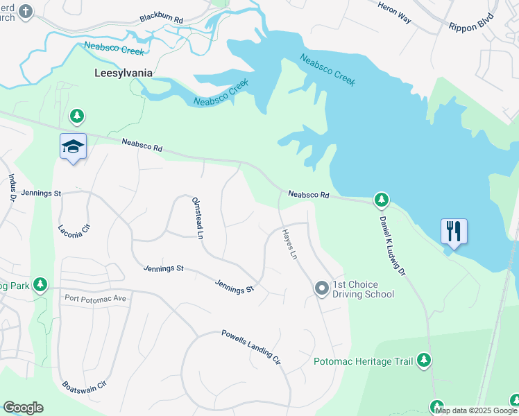 map of restaurants, bars, coffee shops, grocery stores, and more near 2167 Ferguson Court in Woodbridge