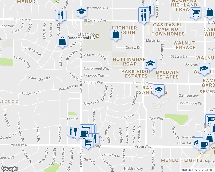 map of restaurants, bars, coffee shops, grocery stores, and more near 2040 Ceres Way in Sacramento
