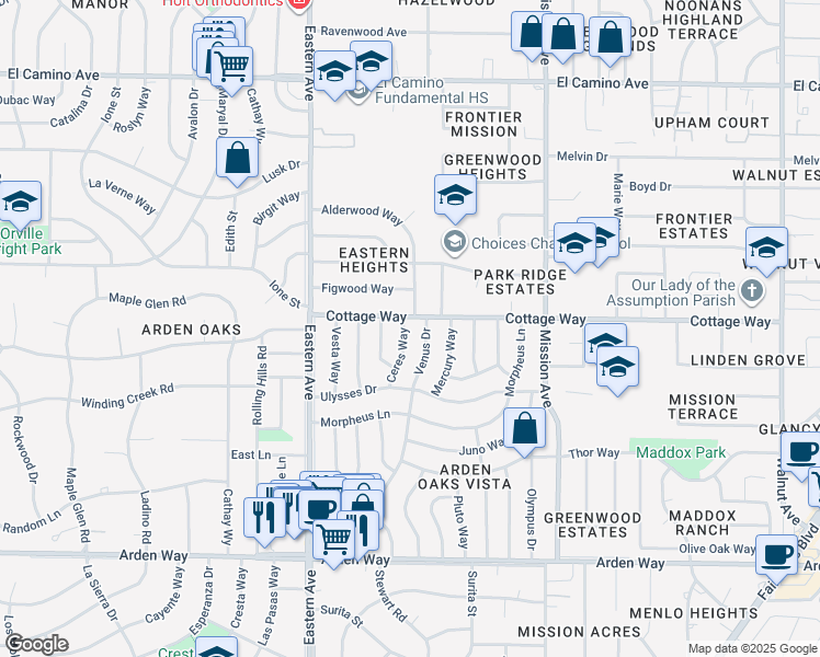map of restaurants, bars, coffee shops, grocery stores, and more near 2040 Ceres Way in Sacramento