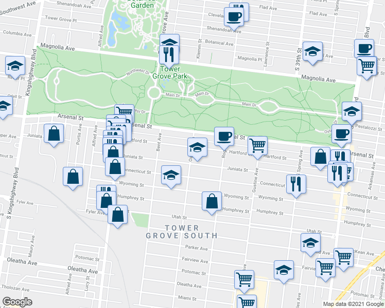 map of restaurants, bars, coffee shops, grocery stores, and more near 3140 Oak Hill Avenue in St. Louis