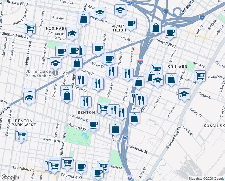 map of restaurants, bars, coffee shops, grocery stores, and more near 1954 Senate Street in St. Louis