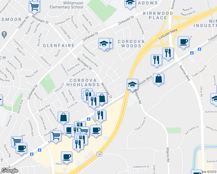 map of restaurants, bars, coffee shops, grocery stores, and more near 10904 Scotsman Way in Rancho Cordova