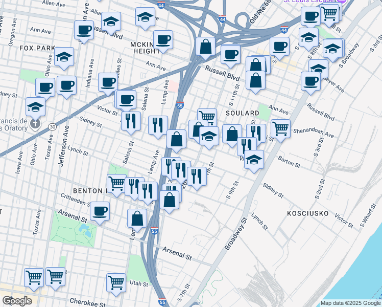 map of restaurants, bars, coffee shops, grocery stores, and more near 1221 Sidney Street in St. Louis