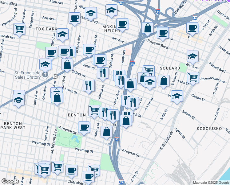 map of restaurants, bars, coffee shops, grocery stores, and more near 1905 Senate Street in St. Louis