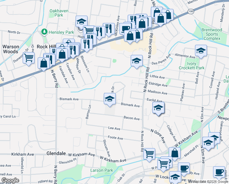 map of restaurants, bars, coffee shops, grocery stores, and more near 525 Bahia Drive in St. Louis