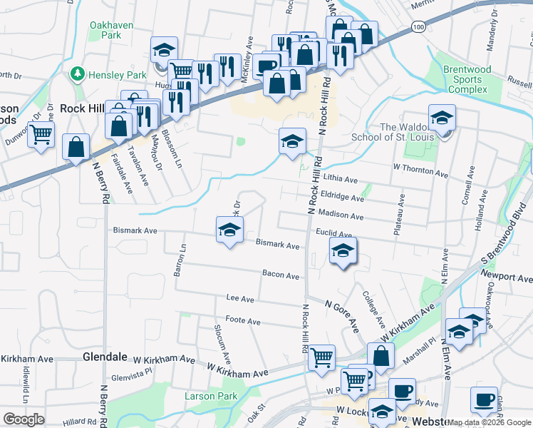 map of restaurants, bars, coffee shops, grocery stores, and more near 514 Crestvale Drive in St. Louis