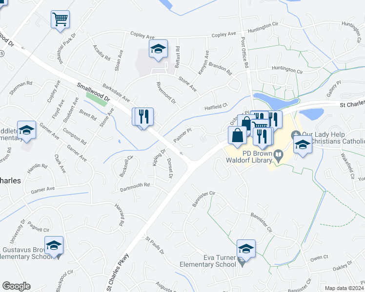 map of restaurants, bars, coffee shops, grocery stores, and more near 3098 Pilgrims Square in Saint Charles