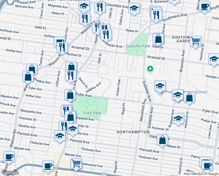 map of restaurants, bars, coffee shops, grocery stores, and more near 3268 January Avenue in St. Louis