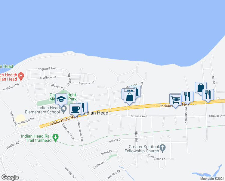 map of restaurants, bars, coffee shops, grocery stores, and more near 38 Chinaberry Lane in Indian Head