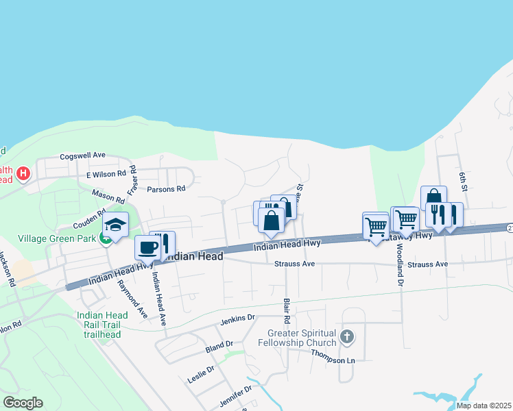 map of restaurants, bars, coffee shops, grocery stores, and more near 2 Chinaberry Lane in Indian Head