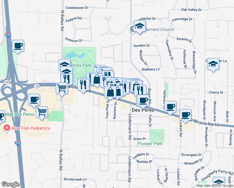 map of restaurants, bars, coffee shops, grocery stores, and more near 12015 Manchester Road in Des Peres
