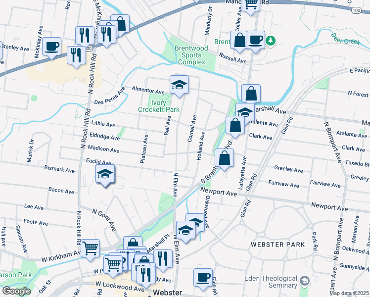 map of restaurants, bars, coffee shops, grocery stores, and more near 607 Cornell Avenue in Webster Groves