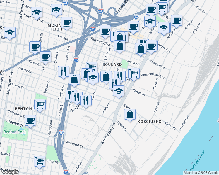 map of restaurants, bars, coffee shops, grocery stores, and more near 2419 South 10th Street in St. Louis