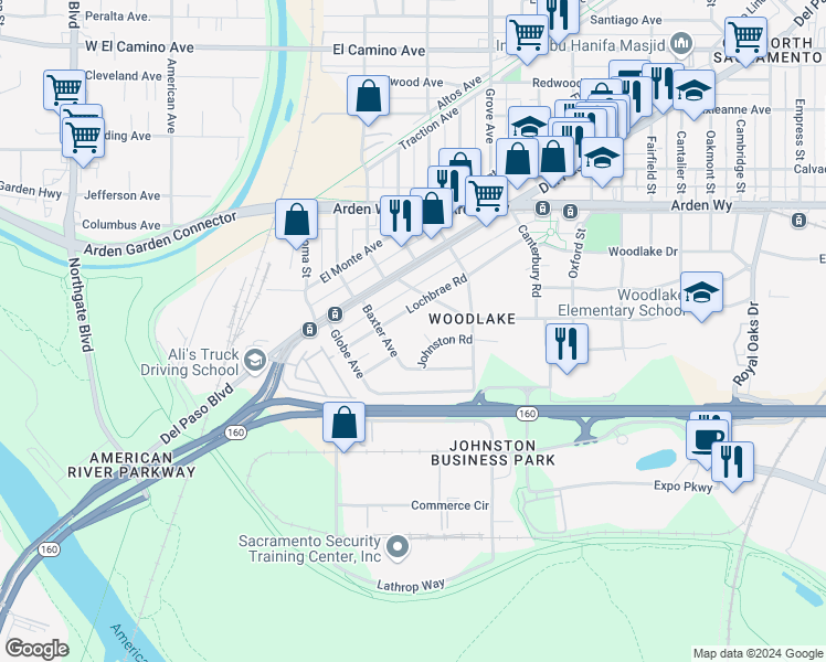 map of restaurants, bars, coffee shops, grocery stores, and more near 171 Lightner Court in Sacramento
