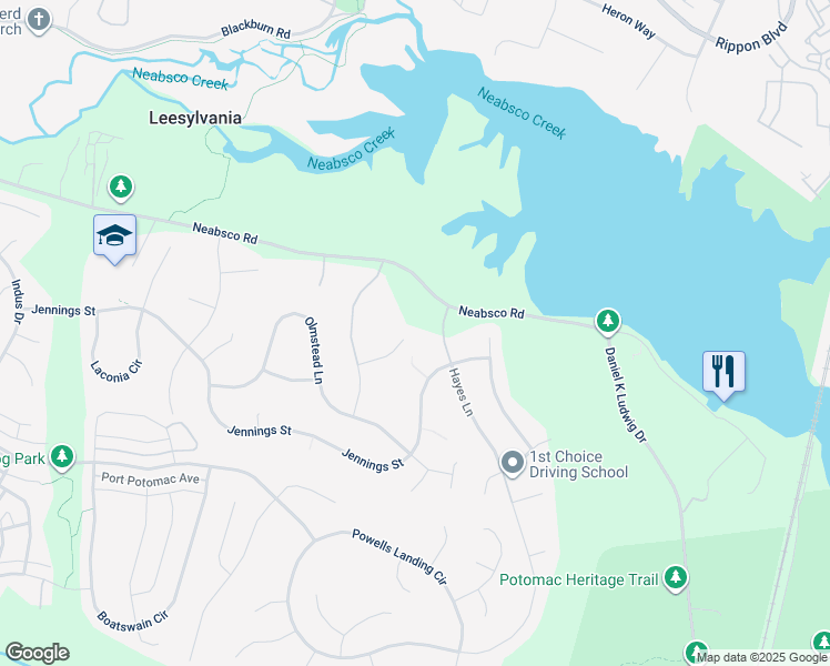 map of restaurants, bars, coffee shops, grocery stores, and more near 2167 Ferguson Court in Woodbridge