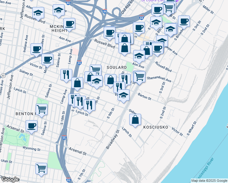 map of restaurants, bars, coffee shops, grocery stores, and more near 2419 South 10th Street in St. Louis