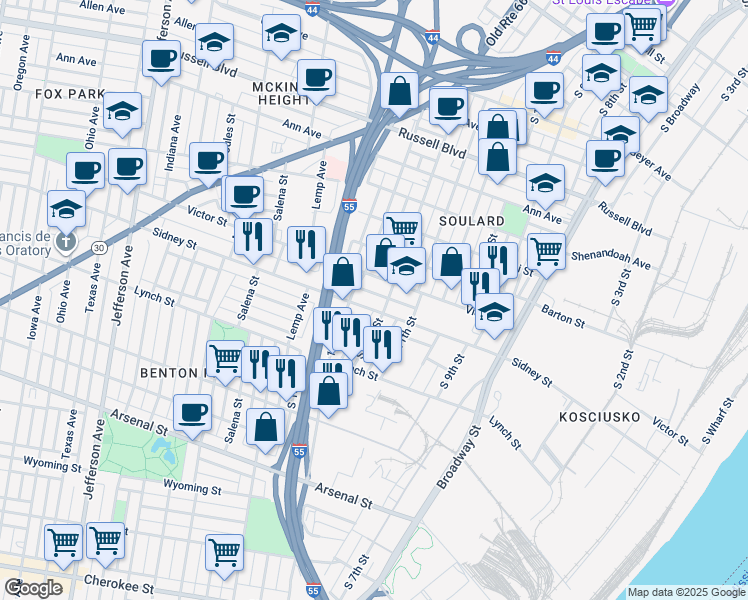 map of restaurants, bars, coffee shops, grocery stores, and more near 1221 Sidney Street in St. Louis
