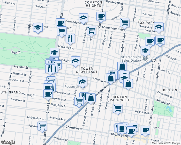 map of restaurants, bars, coffee shops, grocery stores, and more near 3011 South Compton Avenue in St. Louis