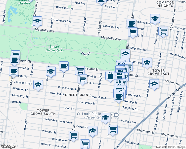 map of restaurants, bars, coffee shops, grocery stores, and more near 3835 Hartford Street in St. Louis