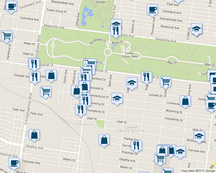 map of restaurants, bars, coffee shops, grocery stores, and more near 4171 Juniata Street in St. Louis