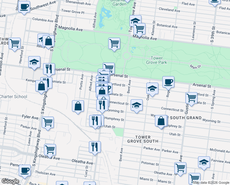 map of restaurants, bars, coffee shops, grocery stores, and more near 4231 Juniata Street in St. Louis