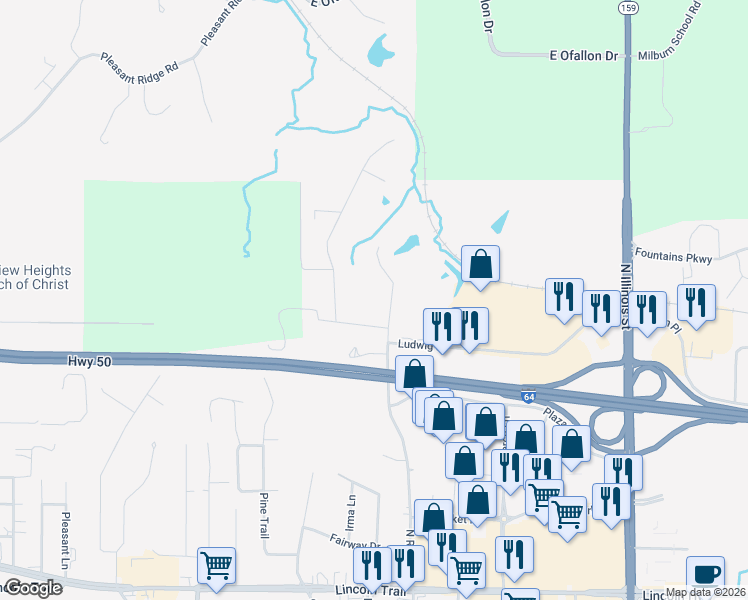 map of restaurants, bars, coffee shops, grocery stores, and more near 311 North Ruby Lane in Fairview Heights
