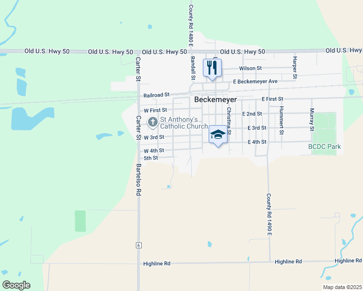 map of restaurants, bars, coffee shops, grocery stores, and more near 351 West 4th Street in Beckemeyer