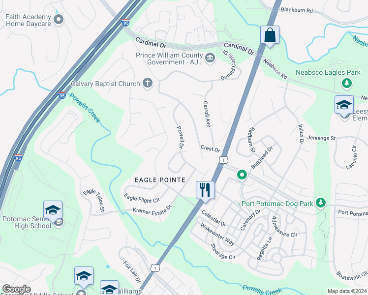 map of restaurants, bars, coffee shops, grocery stores, and more near 16104 Raptor Court in Woodbridge