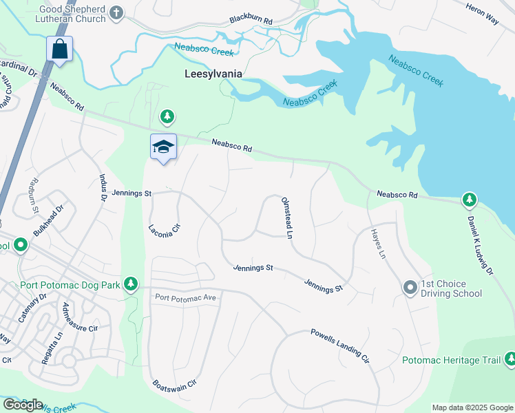 map of restaurants, bars, coffee shops, grocery stores, and more near 16130 Olmstead Lane in Woodbridge