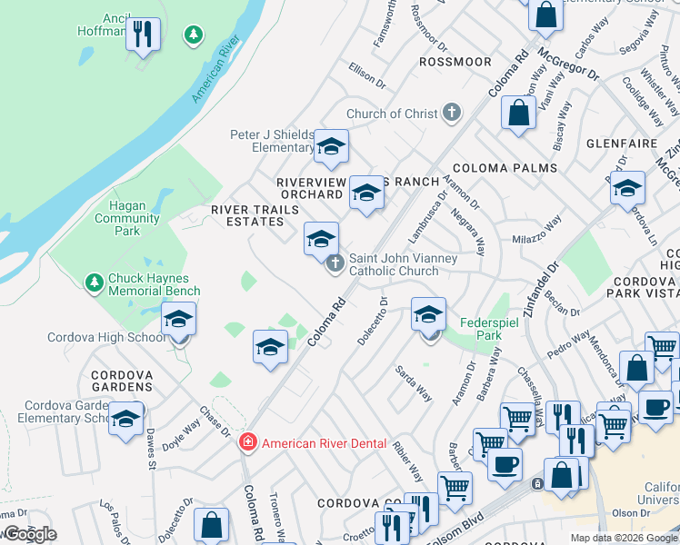 map of restaurants, bars, coffee shops, grocery stores, and more near 1499 Coloma Road in Rancho Cordova