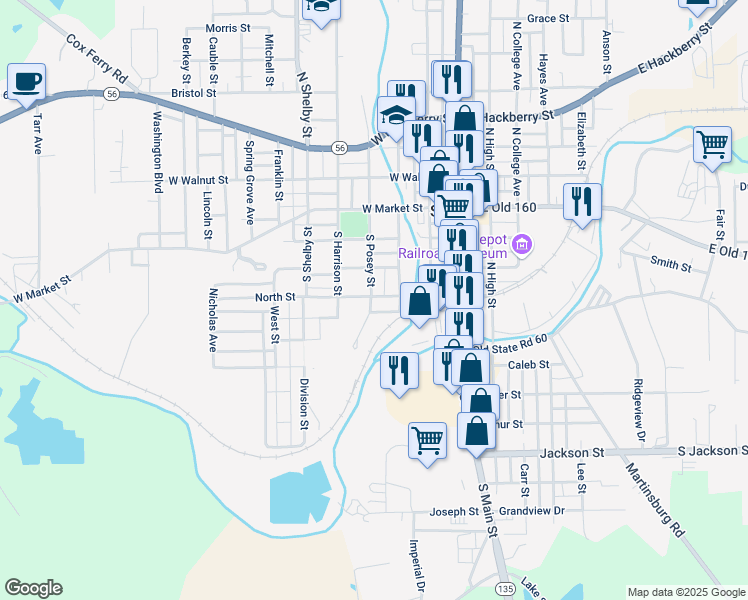map of restaurants, bars, coffee shops, grocery stores, and more near 400 South Posey Street in Salem
