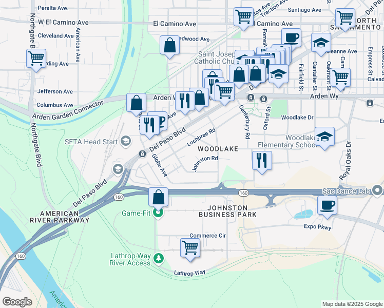 map of restaurants, bars, coffee shops, grocery stores, and more near 171 Lightner Court in Sacramento