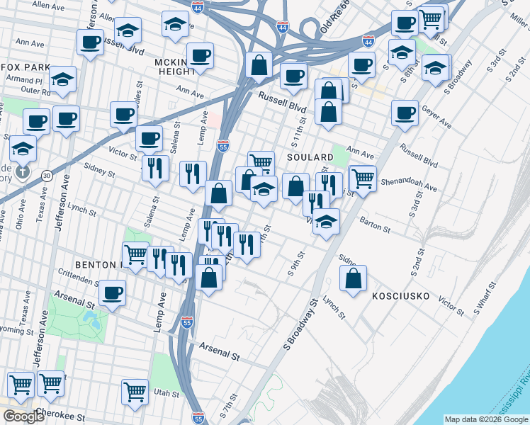 map of restaurants, bars, coffee shops, grocery stores, and more near 1110 Victor Street in St. Louis