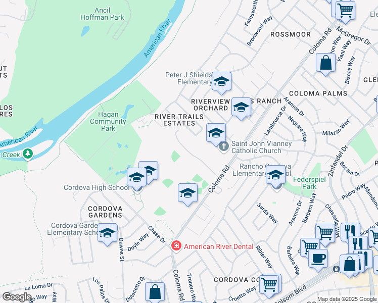 map of restaurants, bars, coffee shops, grocery stores, and more near 2329 Sierra Madre Court in Rancho Cordova
