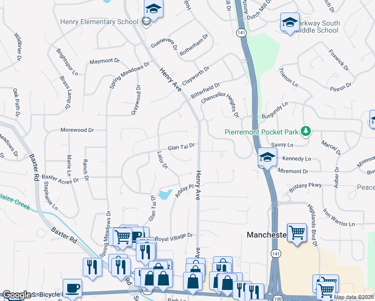map of restaurants, bars, coffee shops, grocery stores, and more near 510 Glan Tai Drive in Ballwin