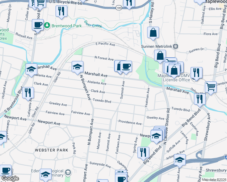 map of restaurants, bars, coffee shops, grocery stores, and more near 735 Clark Ave in Webster Groves